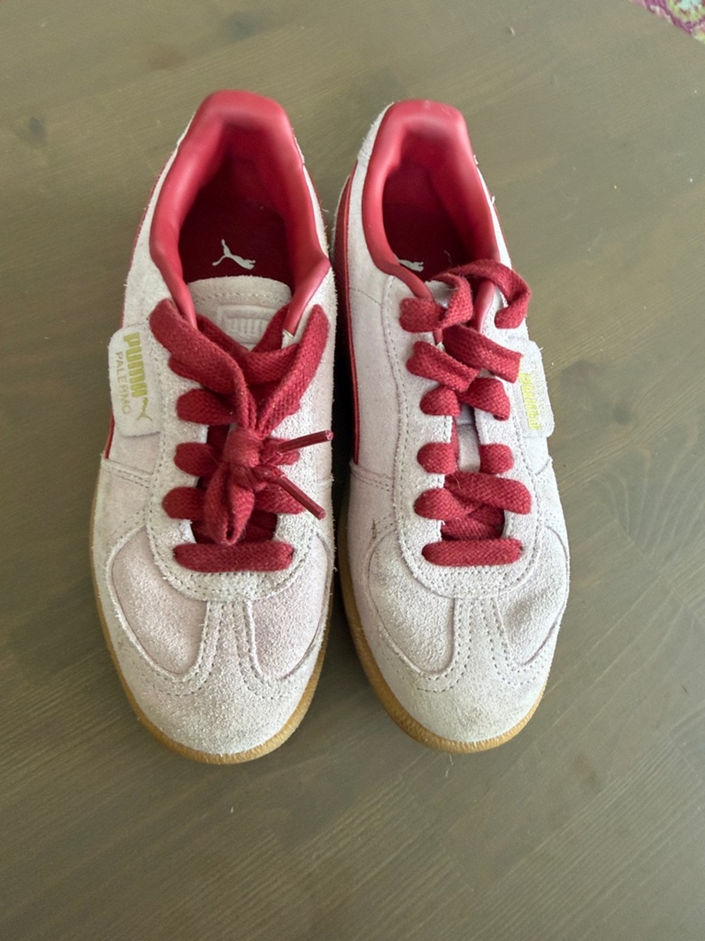 Puma Suede Sneakers in Light Pink with Red Accents
